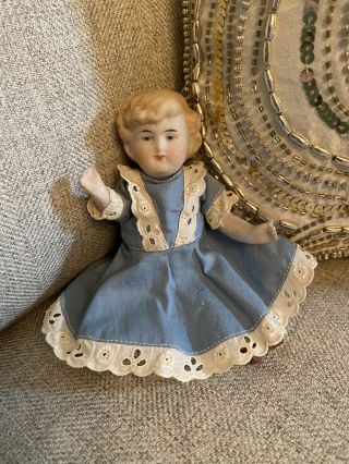 Antique German All Bisque 5.  75” Doll Molded Hair Nicely Dressed 9770