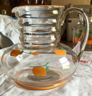 Vtg Anchor Hocking Orange Juice 5 Cup Pitcher With 4 Glasses - 3” Tall