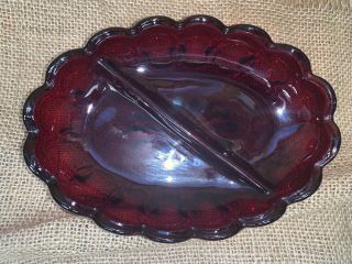 Vintage Ruby Red Glass Divided Oval Candy Nut Relish Dish Valentines 7” X 5”