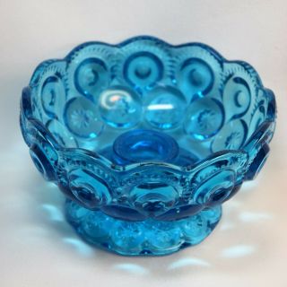 Vintage Blue Moon & Stars Glass Footed Candleholder Bowl L E Smith