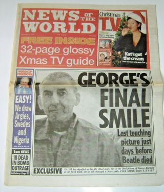 George Harrison (the Beatles) - News Of The World Newspaper - December 2nd 2001