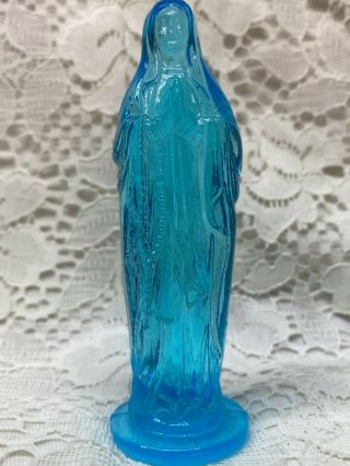 Blue Vaseline Glass Madonna Doll Uranium Catholic Religious Virgin Mary Red Glow