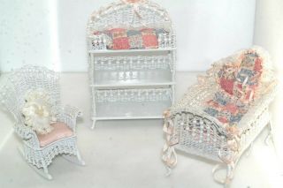 3pc Artist Signed White Wicker Baby Bassinet Rocker Changing Table Dollhouse