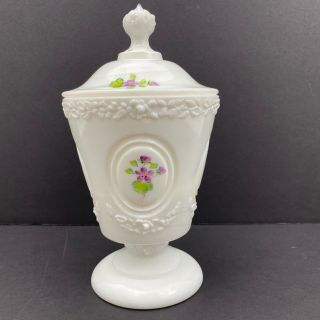 Fenton White Milk Glass Hand Painted Lidded Candy Dish Jar Signed S Fisher
