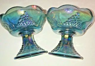 Set Of 2 Vintage " Grape Harvest " Blue Carnival Glass Candle Holders (gc) Indiana