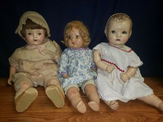 Vtg Antique 3 Baby Dolls Composition & Cloth Sleepy Eyes Creepy Halloween Prop