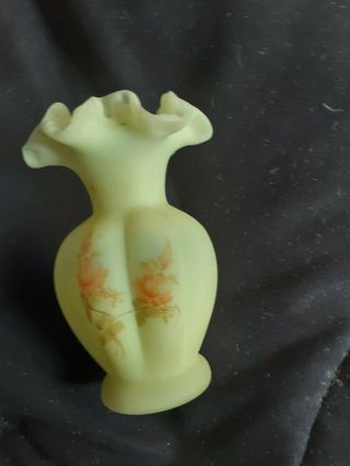 Vintage Fenton Satin Custard Glass Scalloped Vase Hand Painted Signed By Lisa G