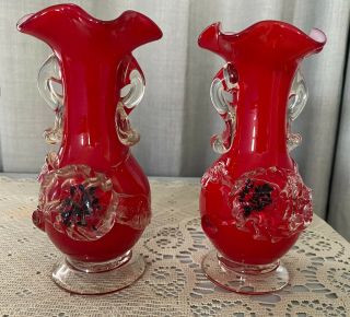Pair Vintage Red,  White Cased Art Glass Vases With Applied Flowers 6 " Tall