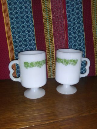 2 Vintage Pyrex Corning Corelle Spring Blossom Crazy Daisy Footed Mugs Cups