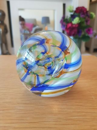 Caithness Crystal Glass Paperweight Blue Green And Gold