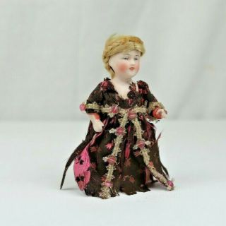 Antique German All Bisque Dollhouse Doll With Painted Eyes Two Teeth