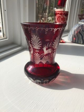 Vintage Egermann Bohemian Czech Ruby Red Cut To Clear Vase 4.  5”