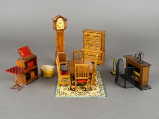 Vintage Dollhouse Dining Room Set Table Chairs Fireplace Clock Miniature