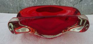 Vintage Murano Italy Thick Red & Clear Art Glass Ashtray Heavy Piece