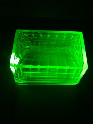 Vintage Depression Glass Uranium Green Butter Dish With Cover For 1 Lb.