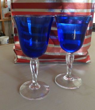 2 Cobalt Blue Stemmed Goblets (wine Or Water) 7.  5 " Tall,  8 Oz.  Clear Stem.