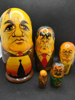 Rare Russian Leaders Wooden 5 Nesting Dolls Vintage Hand Painted Collectible