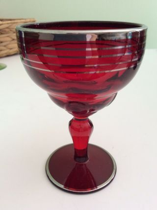 Vintage Martinsville Ruby Red Wine Goblet Moondrops Platinum Trim 4 1/8”