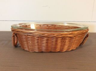 Vintage Glasbake Clear 1 Qt Oval Dish J235 With Wicker Serving Basket