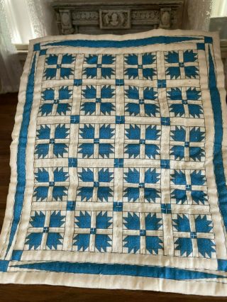Vintage Miniature Dollhouse Artisan Hand Stitched Country Blue White Bed Quilt