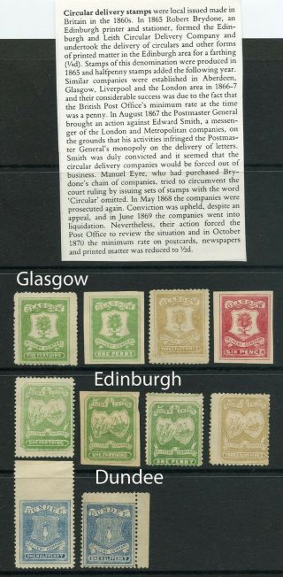 1865 - 67 Circular Delivery Stamps Of Glasgow,  Edinburgh,  Dundee.  Interesting Lot.