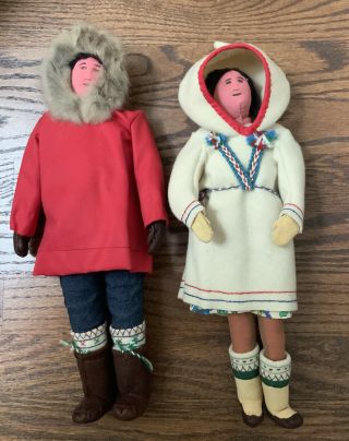 Antique Hand Made Inuit Eskimo Dolls Male And Female
