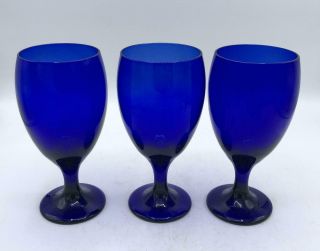 Set Of 3 Libbey Cobalt Blue Glass Stemmed Water Goblet