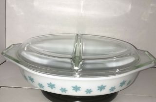 Vintage Pyrex Turquoise Snowflakes Divided Casserole Dish With Lid 1.  5qt.
