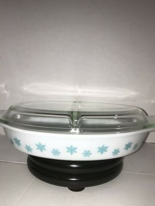 Vintage Pyrex Turquoise Snowflakes Divided Casserole Dish With Lid 1.  5Qt. 3