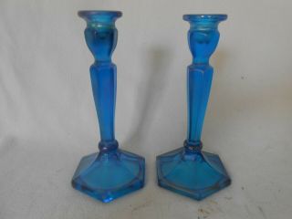 Antique Blue Carnival Art Glass Candle Holders