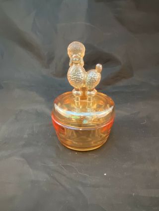 Mid Century Jeanette Glass Marigold Iridescent Poodle Vanity Powder Jar W/ Lid