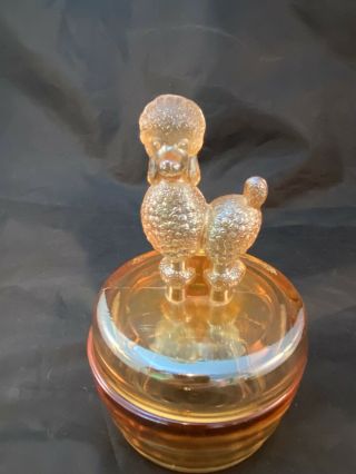 MID CENTURY Jeanette Glass Marigold Iridescent Poodle Vanity Powder Jar w/ Lid 2