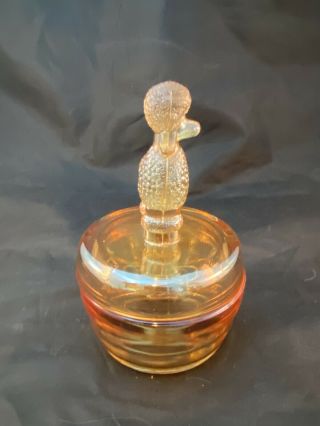 MID CENTURY Jeanette Glass Marigold Iridescent Poodle Vanity Powder Jar w/ Lid 3