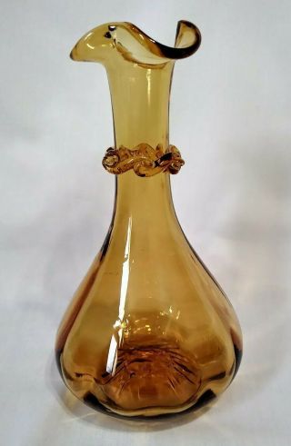 Gorgeous Vintage Hand Blown Honey Amber Art Glass Bud Vase Applied Accent