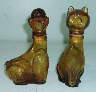 Vintage Amber Glass Cat & Poodle Dog Oil & Vinegar Cruets Decanters Bottles