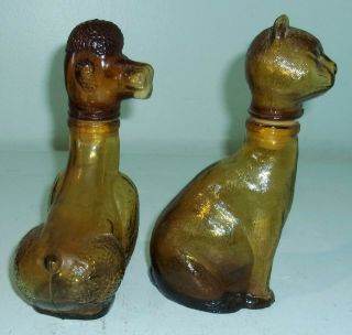 Vintage Amber Glass Cat & Poodle Dog Oil & Vinegar Cruets Decanters Bottles 2