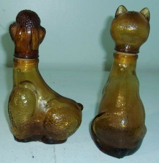 Vintage Amber Glass Cat & Poodle Dog Oil & Vinegar Cruets Decanters Bottles 3