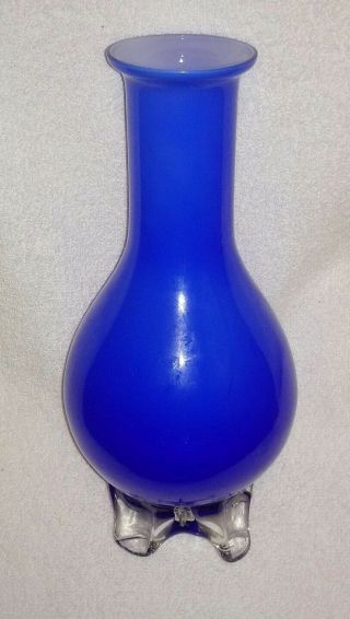 Vintage Cobalt Blue Glass Vase With Four Clear Glass Applied Feet.