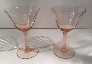Set Of 2 Vintage Pink Depression Glass 4 - 1/2” Cordial Goblets,  Wine Glass