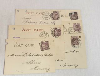 6 X Qv One Pence 1d Lilac Stamps Perfins On Victorian Postcards To Norway