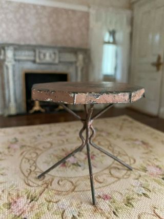 Antique Miniature French Dollhouse Distressed Rose Pink Tin Hexagon Table 1920 