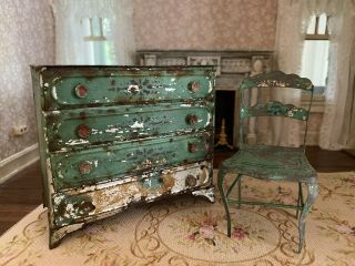 Antique Miniature French Dollhouse Distressed Green Tin Dresser & Chair 1920 