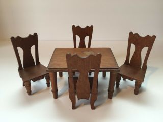 Antique Oak Dollhouse Miniature Table And Four Chairs