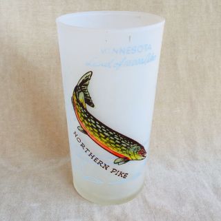 Vintage Northern Pike Fish Frosted Drink Glass Minnesota Souvenir Lodge Cabin
