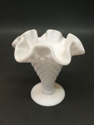 Vintage Fenton White Milk Glass Hobnail Ruffled Trumpet Vase 3 1/2 "