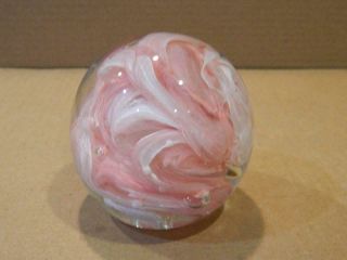 Clear Art Glass Paperweight Pink & White Feather Like Swirls Vintage