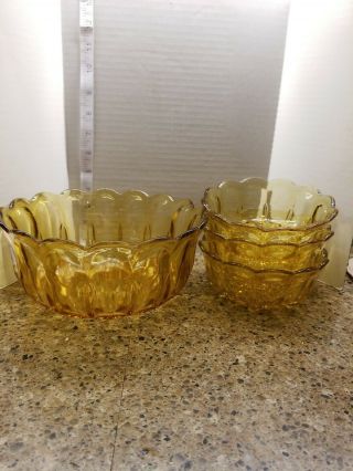 Vintage Amber Glass Serving Bowl 9 " Ruffled Sunflower With 3 Small Bowls 6 "