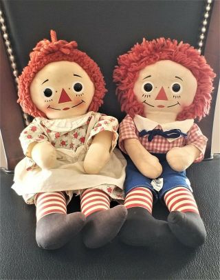 Vintage Knickerbocker Raggedy Ann And Andy Dolls W/ Music Box 15 " Cloth