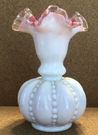 Vintage Fenton Art Glass Pink & White Silver Crest Vase 6 - 1/4” Ruffled Edge