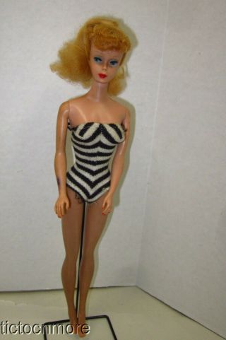 Vintage Barbie Ponytail Doll Blonde Red Lips W/ Black Stand & Suit No Green